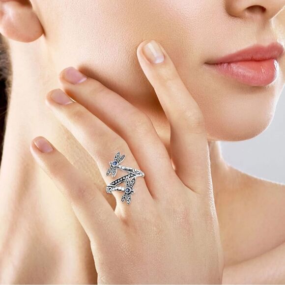 Elegant Sterling Silver Dragonfly Ring Kanchanaburi Blue Sapphires 0.25ctw - Picture 4 of 12